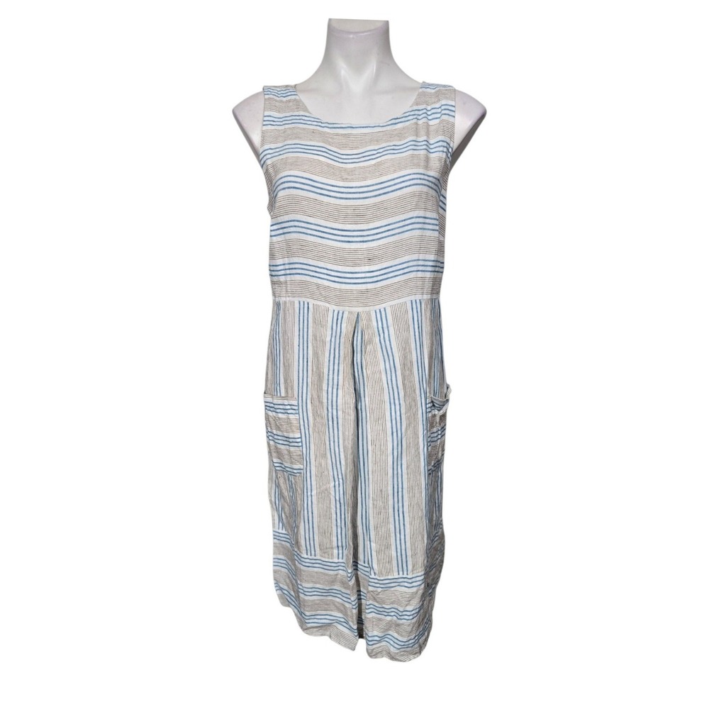 J. Jill Love Linen Dress blue/white Striped Sleeveless Pockets Md casual office